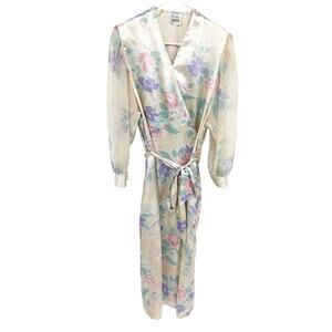 Vintage 80s Leslie Fay Satin Floral Sheer Sleeve Bathrobe M